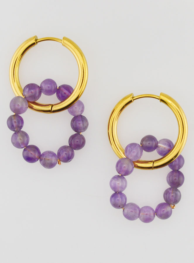 Boucles d'Oreilles Créoles - Acier Inoxydable & Améthyste (pic 1)