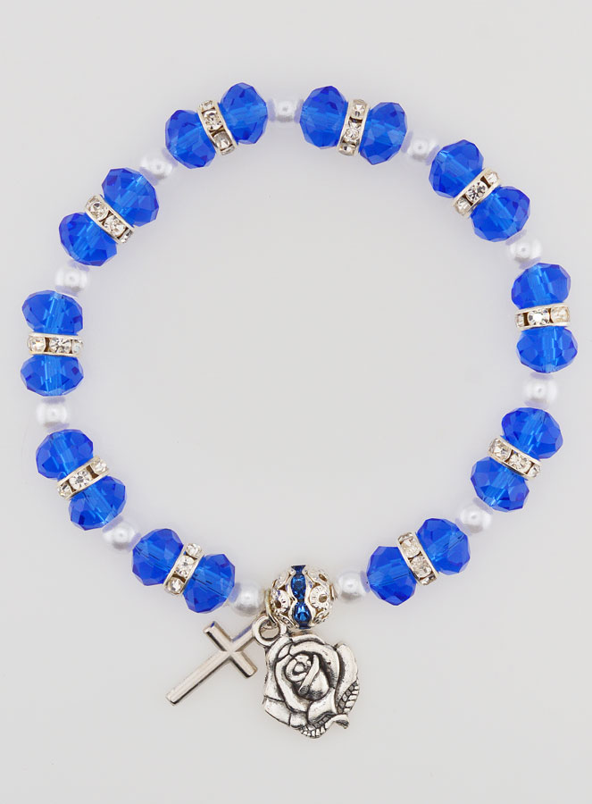 Bracelet Chapelet Cristal Bleu Foncé + Médaille de Lourdes + Croix (pic 1)