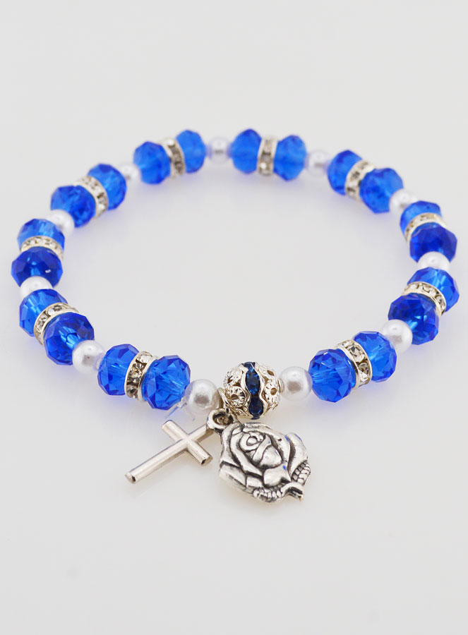 Bracelet Chapelet Cristal Bleu Foncé + Médaille de Lourdes + Croix (pic 2)
