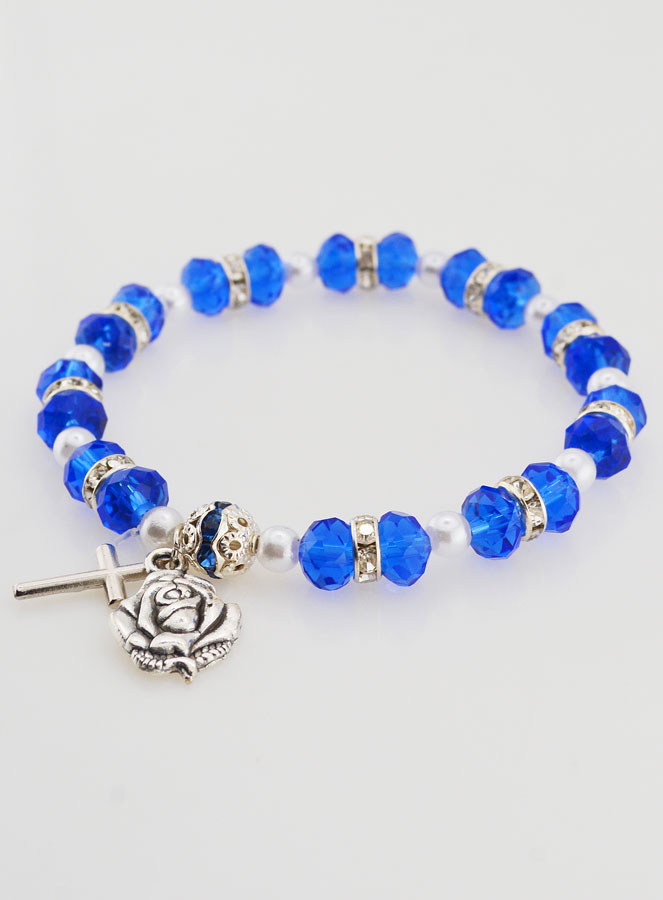 Bracelet Chapelet Cristal Bleu Foncé + Médaille de Lourdes + Croix (pic 4)