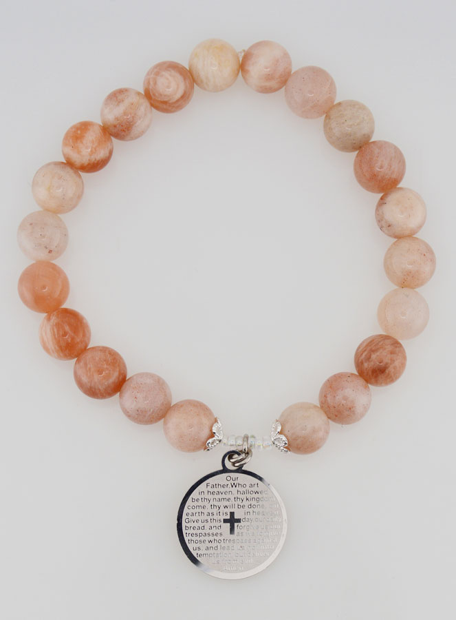 Bracelet Religieux en Pierre de Soleil & Médaille Notre Père (pic 1)