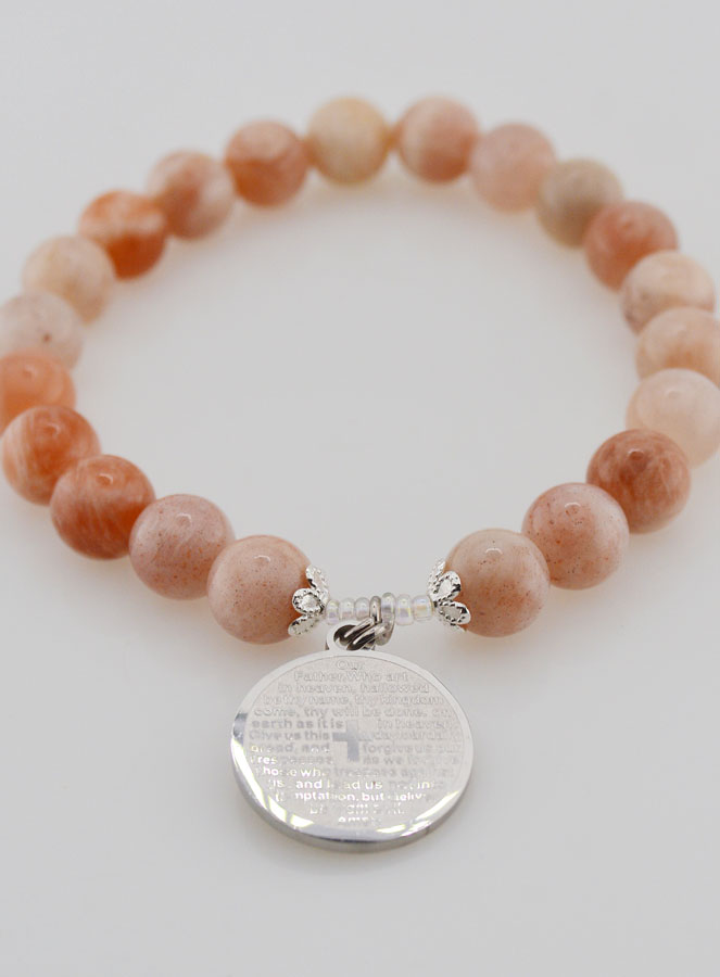 Bracelet Religieux en Pierre de Soleil & Médaille Notre Père (pic 2)