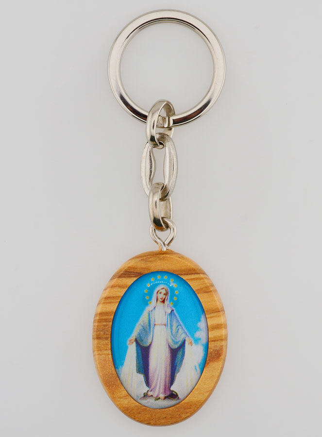 Porte-clés en Bois d'Olivier - Vierge Miraculeuse (pic 1)