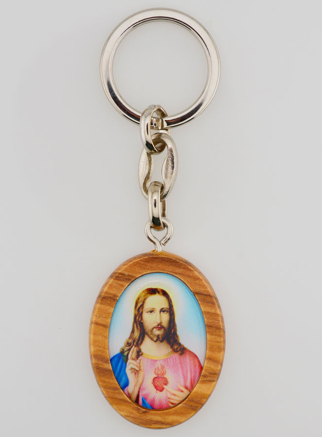 Porte-clés en Bois d'Olivier - Sacré Coeur de Jésus (pic 1)