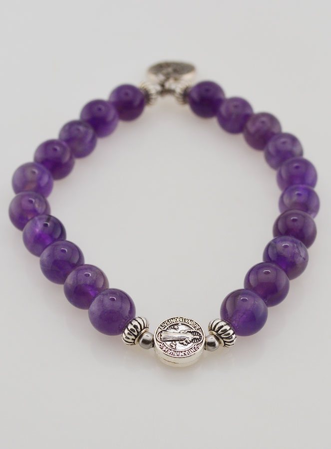 Bracelet Religieux en Pierre Naturelle d'Améthyste - St Michel & St Benoît (pic 2)