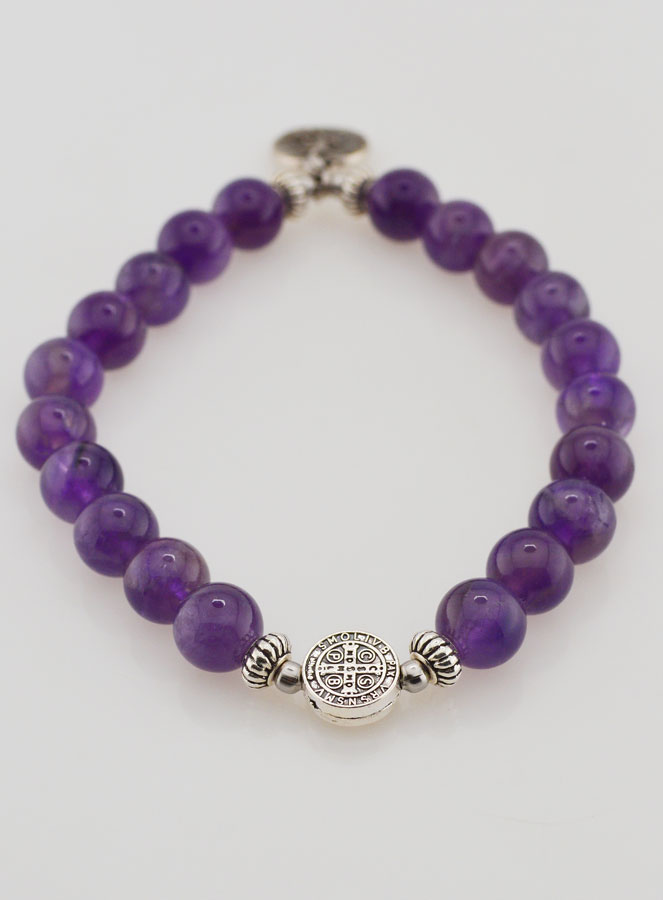 Bracelet Religieux en Pierre Naturelle d'Améthyste - St Michel & St Benoît (pic 3)