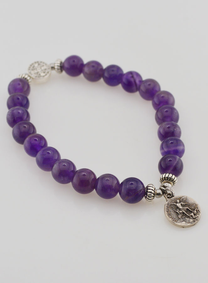 Bracelet Religieux en Pierre Naturelle d'Améthyste - St Michel & St Benoît (pic 4)