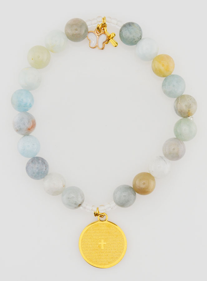 Bracelet Religieux en Pierre Naturelle d'Aigue Marine & Notre Père (pic 1)