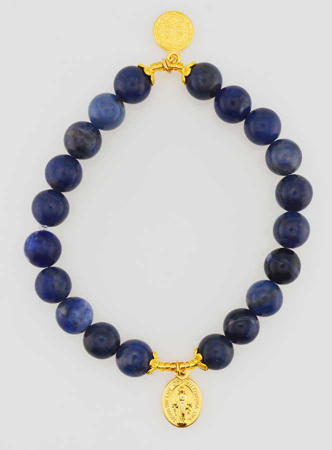 Bracelet Religieux en Pierre Naturelle de Sodalite - Miraculeuse et St Benoît (pic 1)