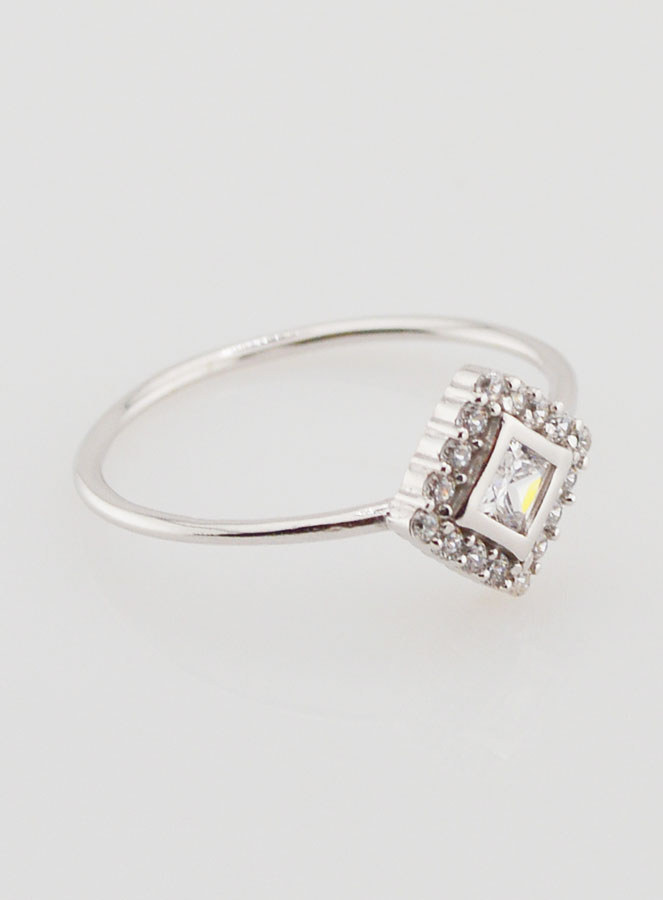 Bague Solitaire Losange Argent Rhodié et Zircons - T54 (pic 3)