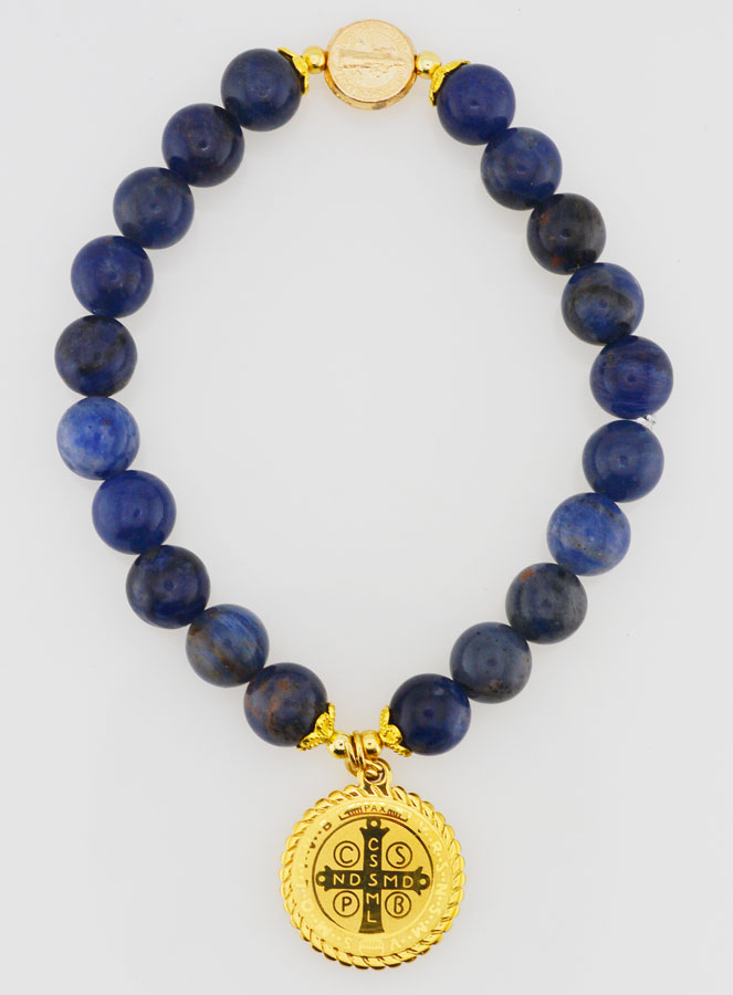 Bracelet Religieux en Pierre Naturelle de Lapis Lazuli - St Benoît (pic 1)