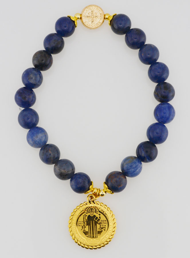 Bracelet Religieux en Pierre Naturelle de Lapis Lazuli - St Benoît (pic 2)