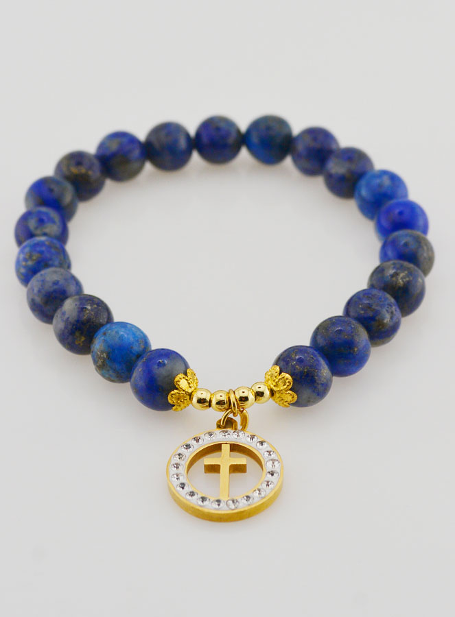 Bracelet Religieux en Pierre Naturelle de Lapis Lazuli & Croix (pic 2)