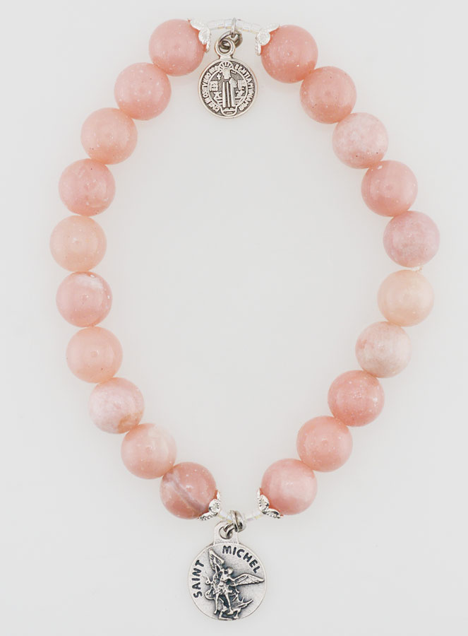 Bracelet Religieux en Pierre Naturelle d' Opale Rose - St Michel & St Benoît (pic 1)