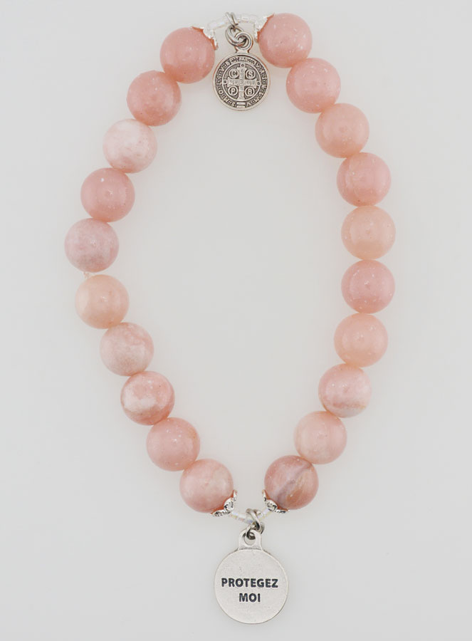 Bracelet Religieux en Pierre Naturelle d' Opale Rose - St Michel & St Benoît (pic 2)