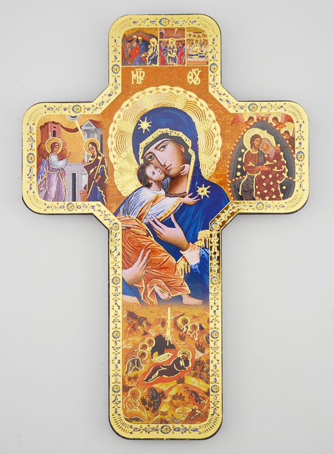 Croix Icône en Bois Vierge à l'Enfant - 18cm (pic 1)