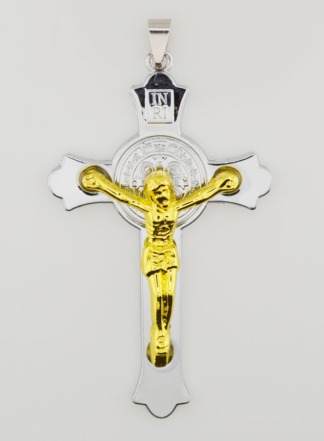 Pendentif Croix de Saint Benoît Or & Argent 7cm (pic 1)