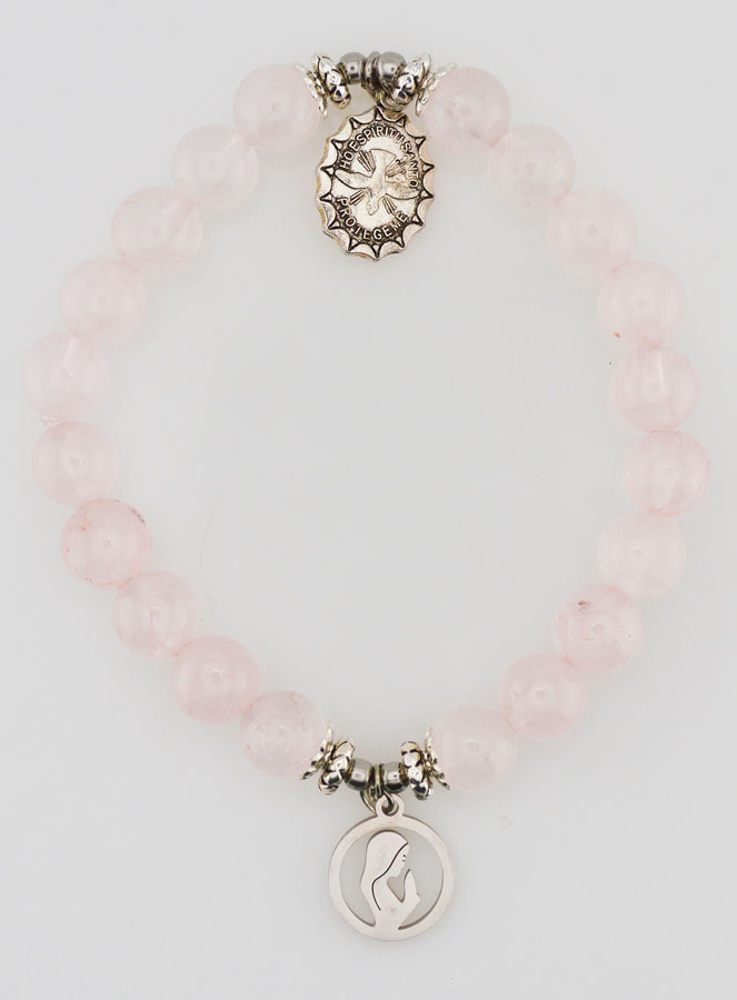 Bracelet Religieux en Pierre Naturelle de Quartz Rose - St Esprit & Vierge Marie (pic 1)