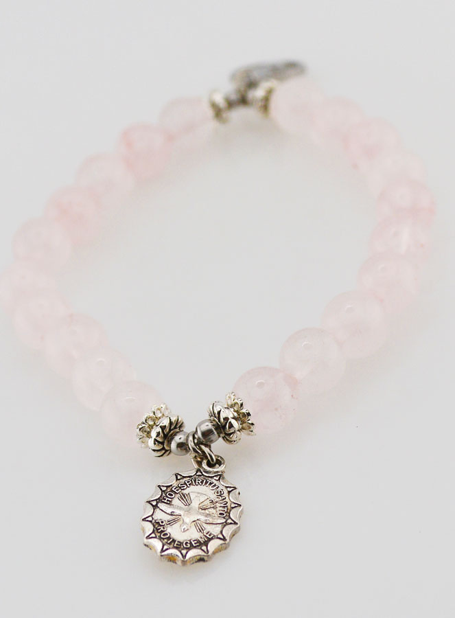 Bracelet Religieux en Pierre Naturelle de Quartz Rose - St Esprit & Vierge Marie (pic 3)