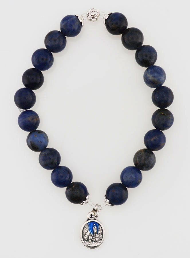 Bracelet Religieux en Pierre Naturelle de Sodalite - Médaille de Lourdes (pic 1)