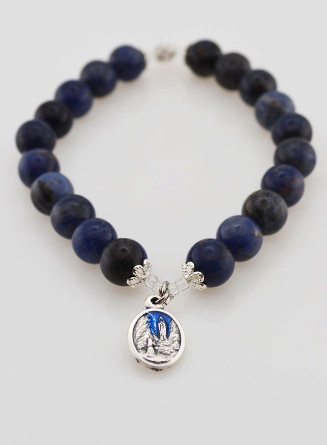 Bracelet Religieux en Pierre Naturelle de Sodalite - Médaille de Lourdes (pic 2)
