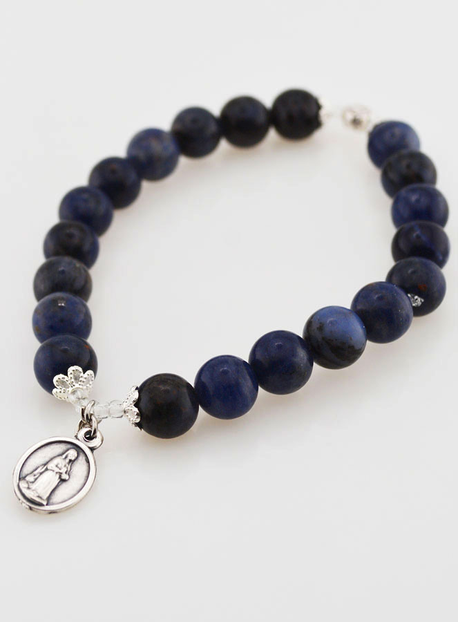 Bracelet Religieux en Pierre Naturelle de Sodalite - Médaille de Lourdes (pic 3)