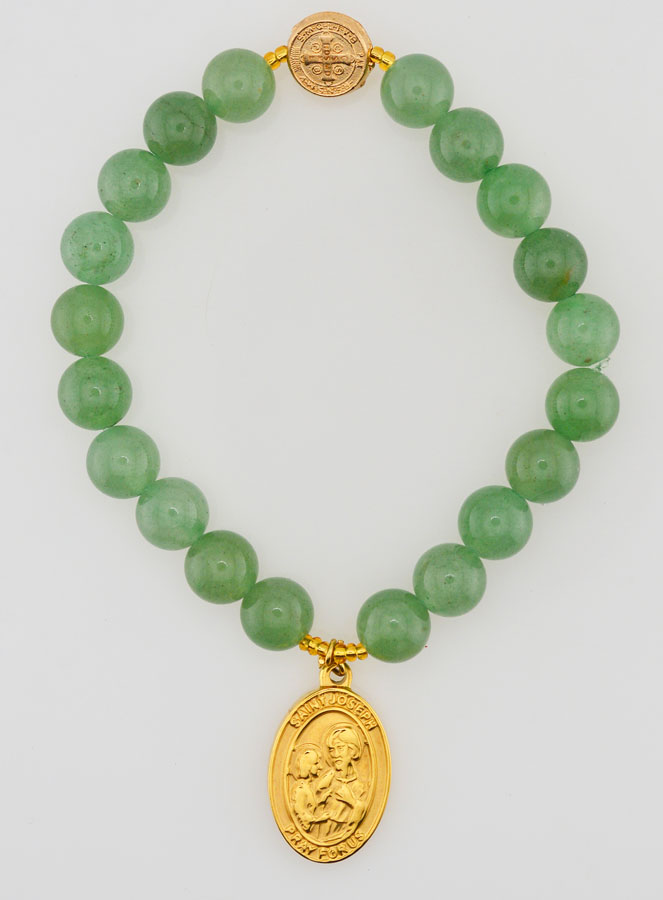 Bracelet Religieux en Pierre Naturelle d'Aventurine - St Joseph et St Benoît (pic 1)