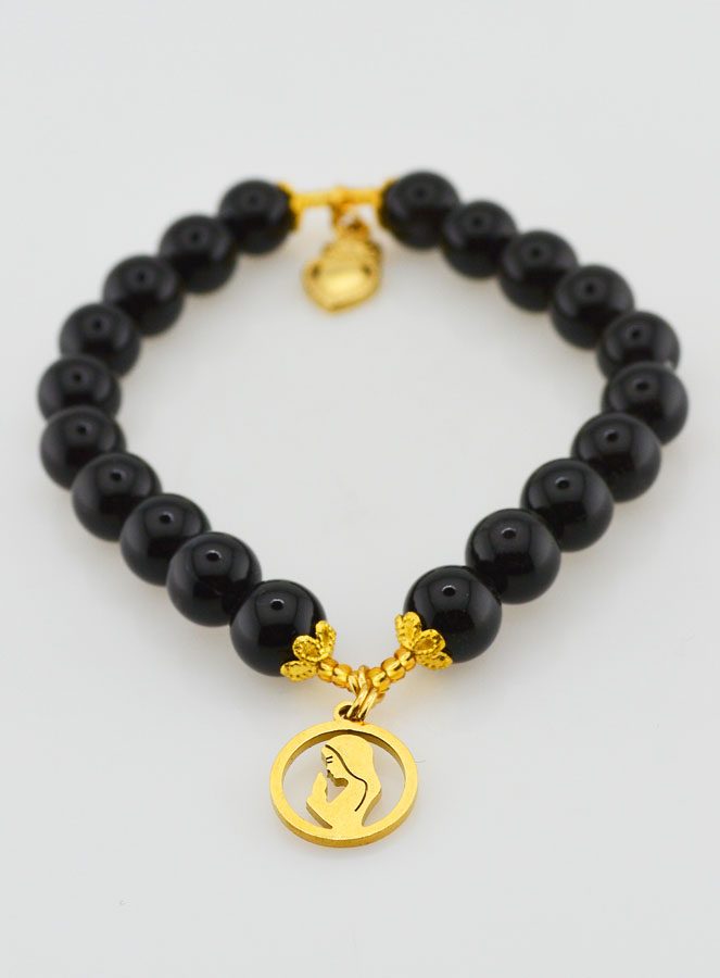 Bracelet Religieux en Pierres Naturelles d'Agate Noire - Sacré Coeur de Marie (pic 2)