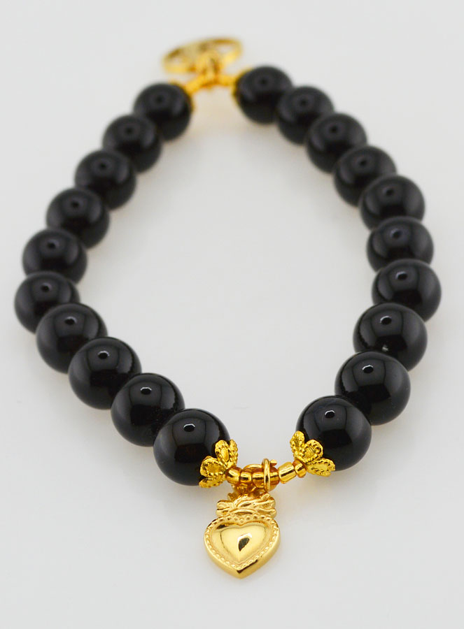 Bracelet Religieux en Pierres Naturelles d'Agate Noire - Sacré Coeur de Marie (pic 4)
