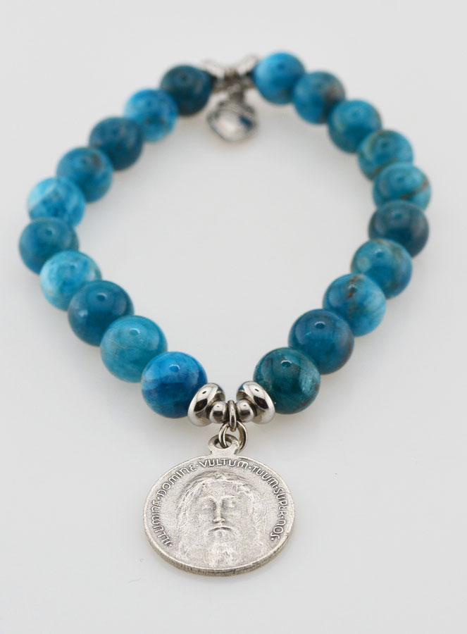 Bracelet Religieux en Pierre Naturelle d'Apatite - Sacré Coeur de Jésus (pic 2)