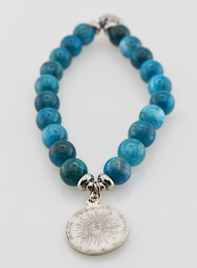 Bracelet Religieux en Pierre Naturelle d'Apatite - Sacré Coeur de Jésus (pic 3)