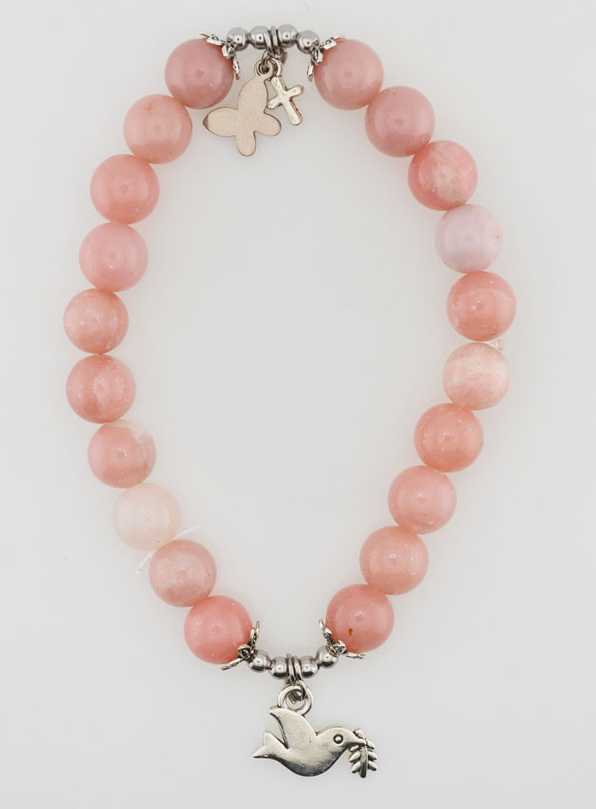 Bracelet Religieux en Pierre Naturelle d'Opale Rose - Esprit Saint & Papillon (pic 1)