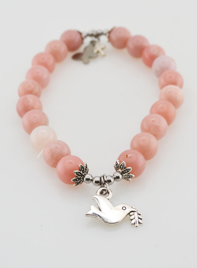 Bracelet Religieux en Pierre Naturelle d'Opale Rose - Esprit Saint & Papillon (pic 2)