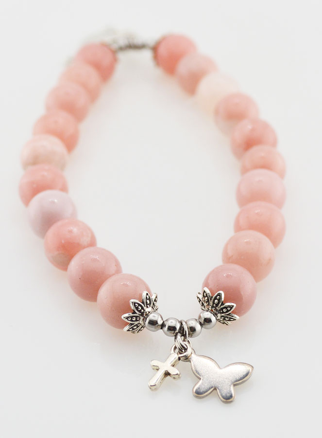 Bracelet Religieux en Pierre Naturelle d'Opale Rose - Esprit Saint & Papillon (pic 3)