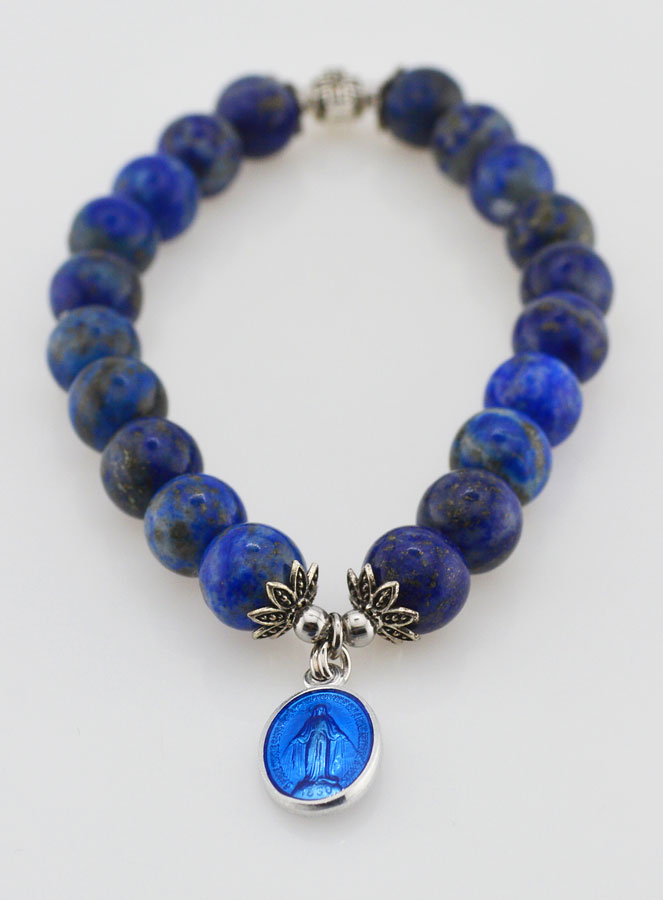 Bracelet Religieux en Pierre Naturelle de Lapis Lazuli - Miraculeuse & Croix (pic 2)