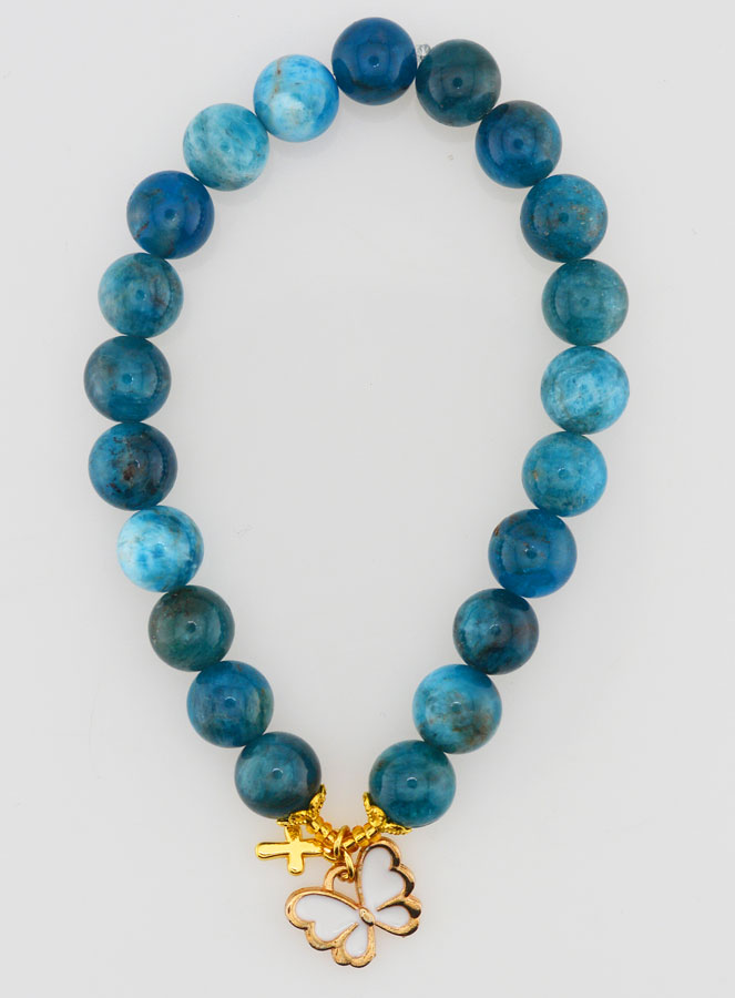 Bracelet Religieux en Pierre Naturelle d'Apatite - Papillon & Croix (pic 1)