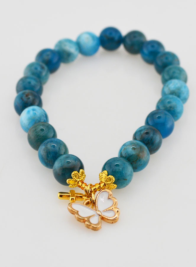 Bracelet Religieux en Pierre Naturelle d'Apatite - Papillon & Croix (pic 2)