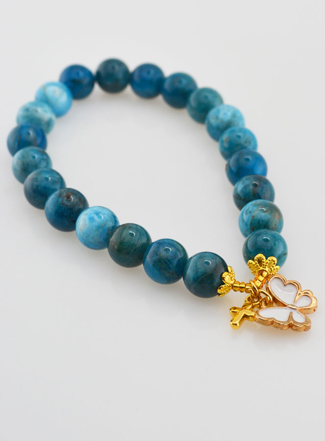 Bracelet Religieux en Pierre Naturelle d'Apatite - Papillon & Croix (pic 3)