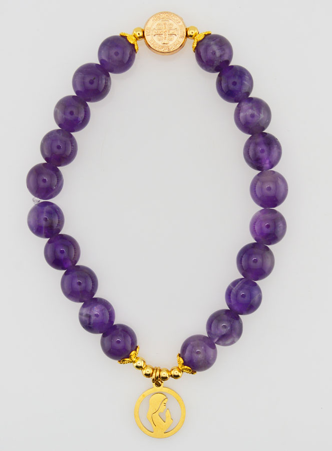 Bracelet Religieux en Pierre Naturelle d'Améthyste - Vierge Marie & St Benoît (pic 1)