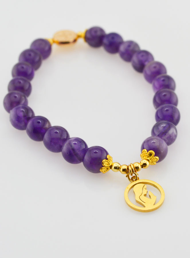 Bracelet Religieux en Pierre Naturelle d'Améthyste - Vierge Marie & St Benoît (pic 2)