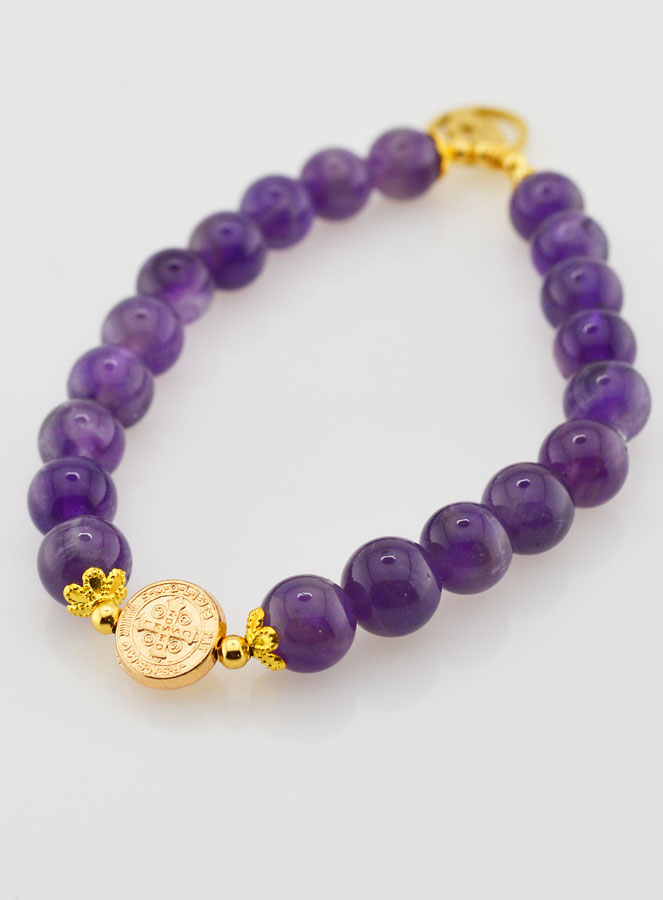 Bracelet Religieux en Pierre Naturelle d'Améthyste - Vierge Marie & St Benoît (pic 3)