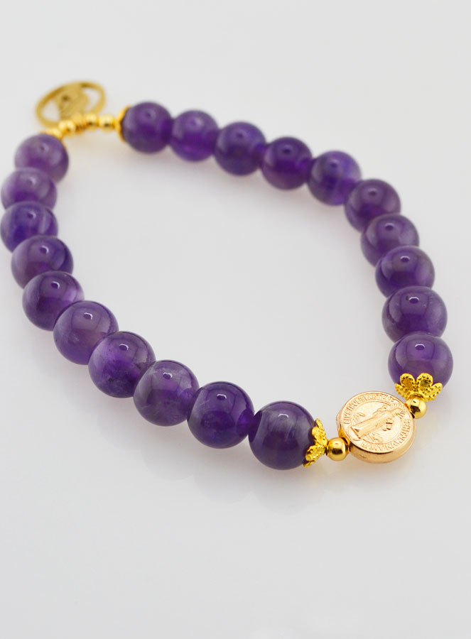 Bracelet Religieux en Pierre Naturelle d'Améthyste - Vierge Marie & St Benoît (pic 4)
