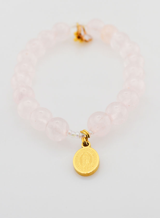 Bracelet Religieux en Pierre Naturelle de Quartz Rose - ND de Guadalupe (pic 2)