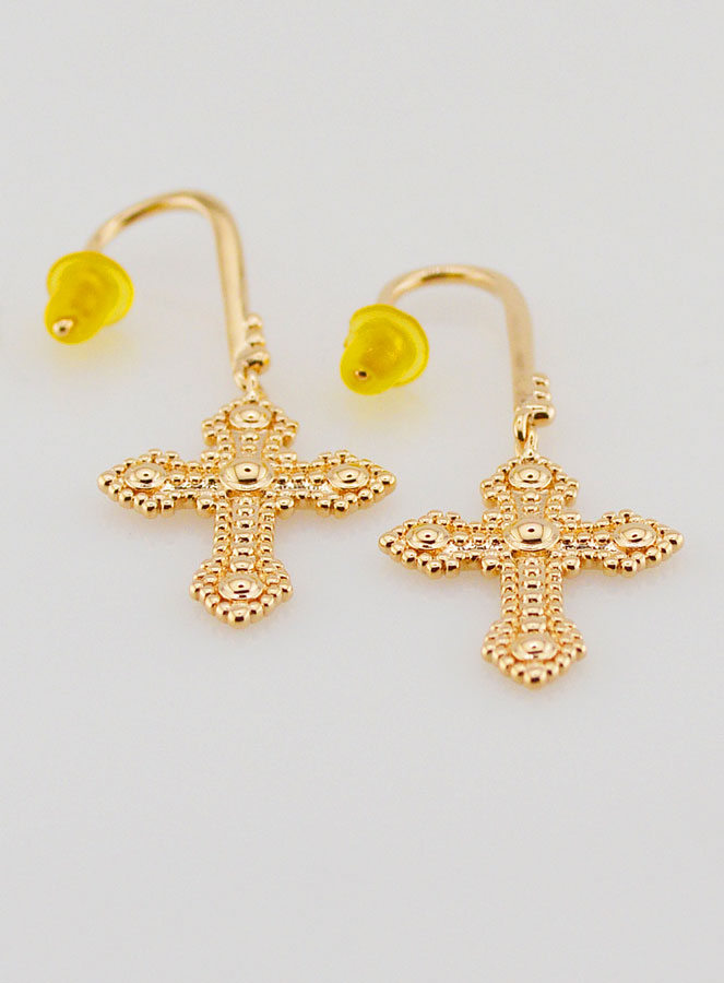 Boucles d'Oreilles Croix Orthodoxe en Plaqué Or - 34mm (pic 2)