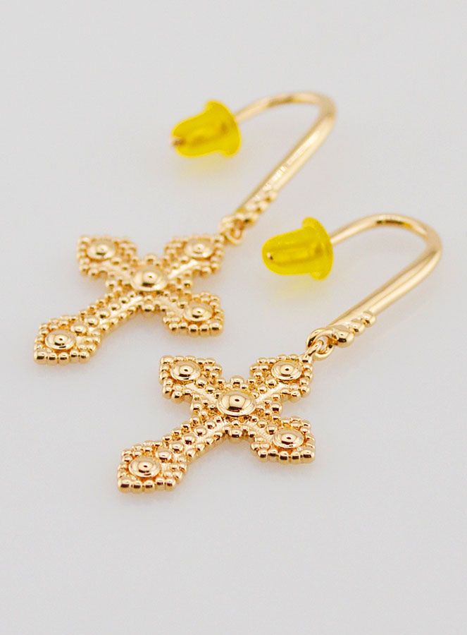 Boucles d'Oreilles Croix Orthodoxe en Plaqué Or - 34mm (pic 4)