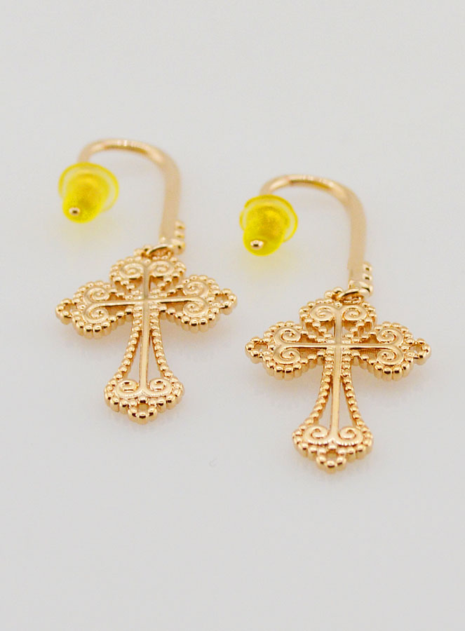 Boucles d'Oreilles Croix Baroque en Plaqué Or - 34mm (pic 2)