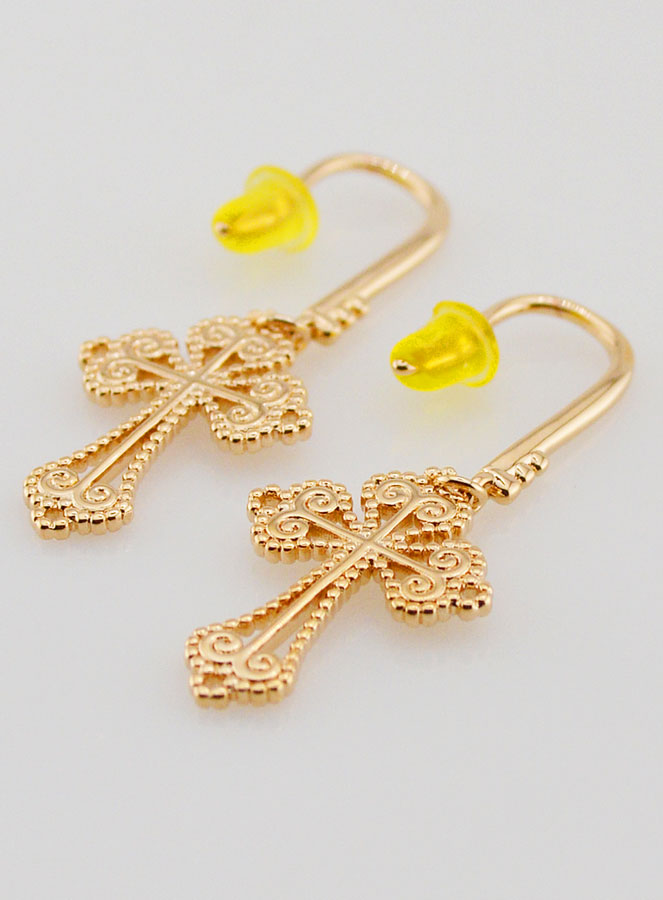 Boucles d'Oreilles Croix Baroque en Plaqué Or - 34mm (pic 4)