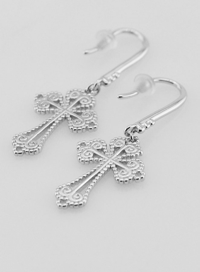 Boucles d'Oreilles Croix Baroque en Argent - 34mm (pic 4)