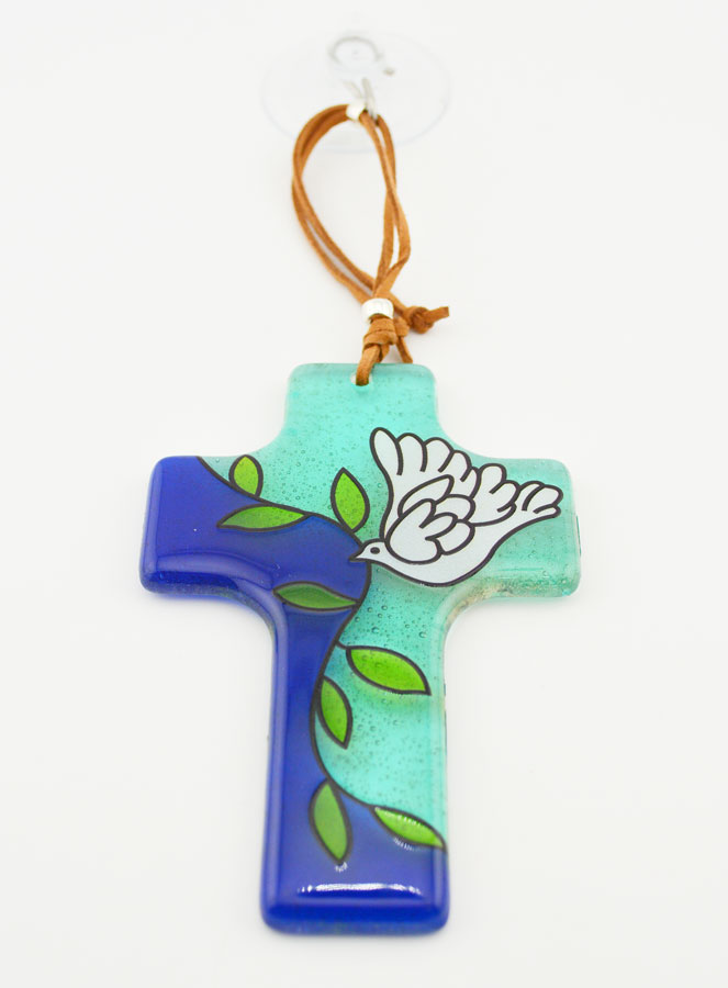 Croix en Verre à Suspendre 12 cm - Colombe et Rameau (pic 2)
