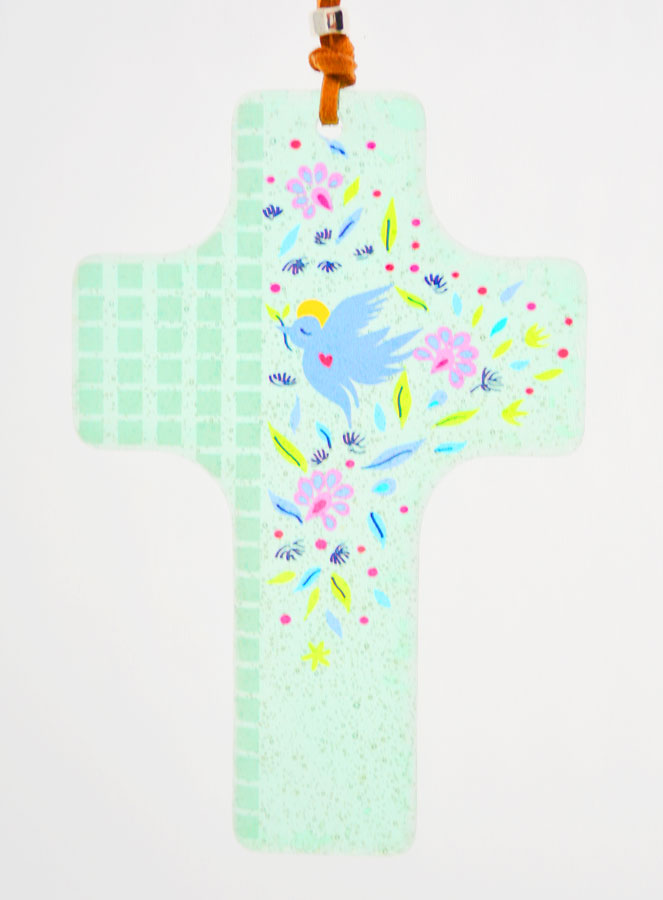 Croix en Verre à Suspendre 12 cm - Colombe et Fleurs (pic 1)